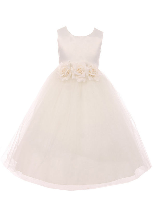 Kids Dream Big Girls Ivory Floral Satin Illusion Junior Bridesmaid Dress 8-14 - SophiasStyle.com